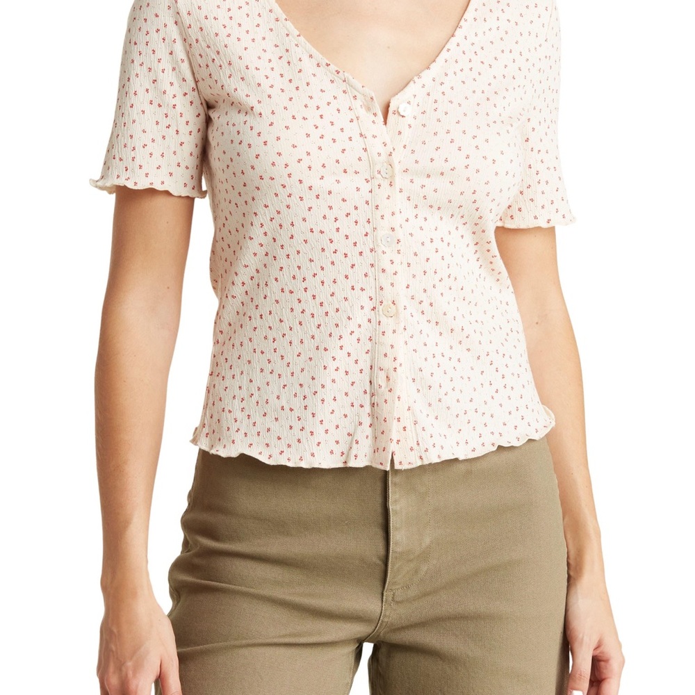 FRNCH Ornella Floral Ruffle Frill Trim Cream V Neck T Shirt S